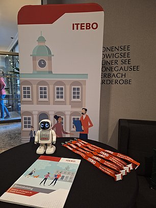 ITEBO Messestand mit Roboter und Broschüren ITEBO Messestand mit weißem Roboter, Broschüren und Unternehmenslogo auf Display